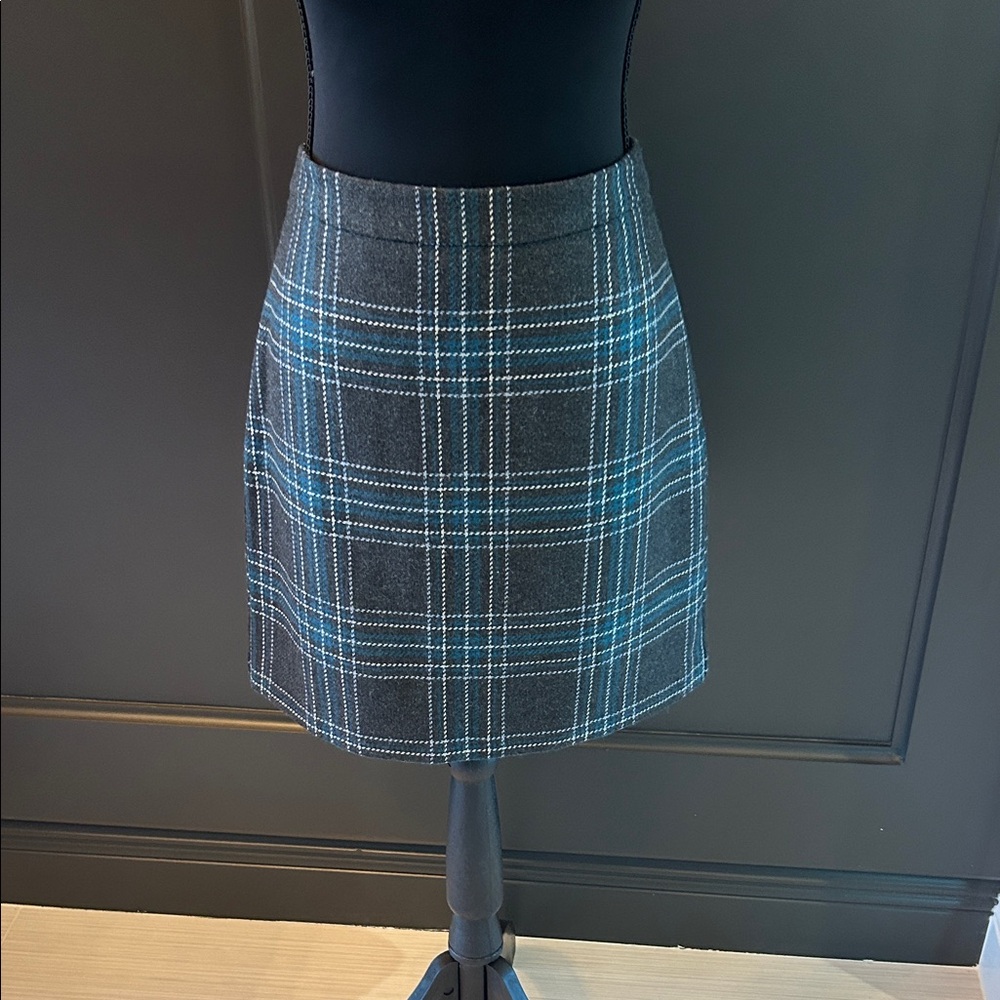 LOFT Charcoal Plaid Mini Skirt with Teal & White Lines